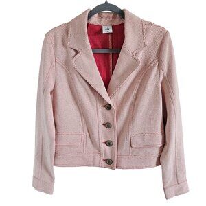 Cabi Woman Size M Jacket Knit Pique Coral & White Metal Buttons Flap Pockets
